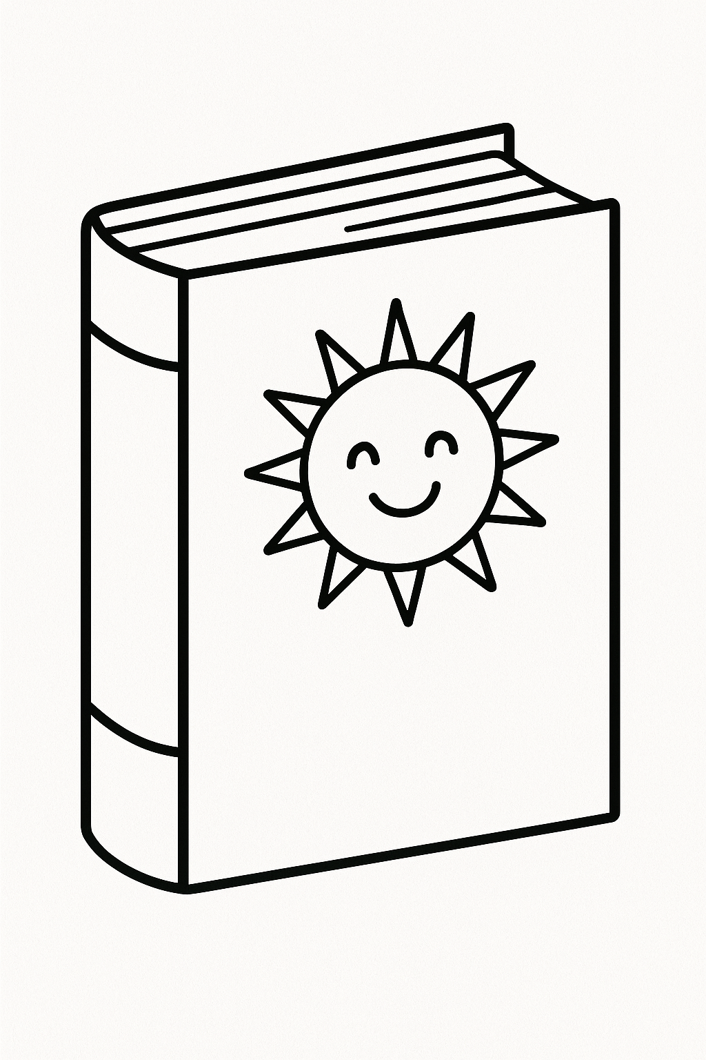Simple coloring page of a book with a smiling sun on cover