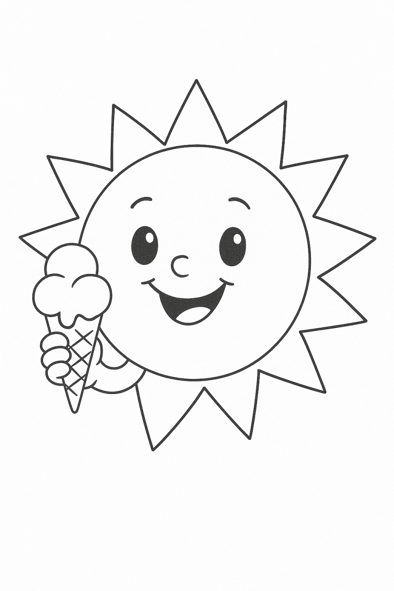 A cute sun holding an ice cream cone in a coloring page.