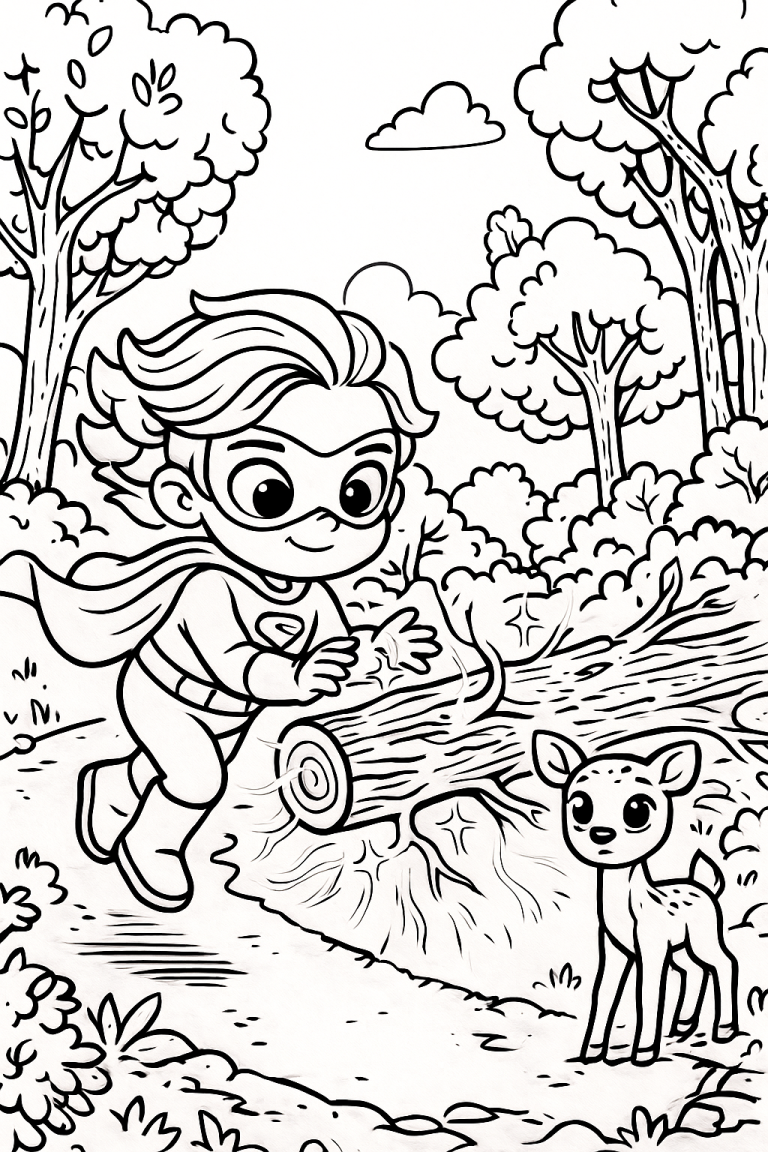 Superhero assisting a deer in the forest coloring page