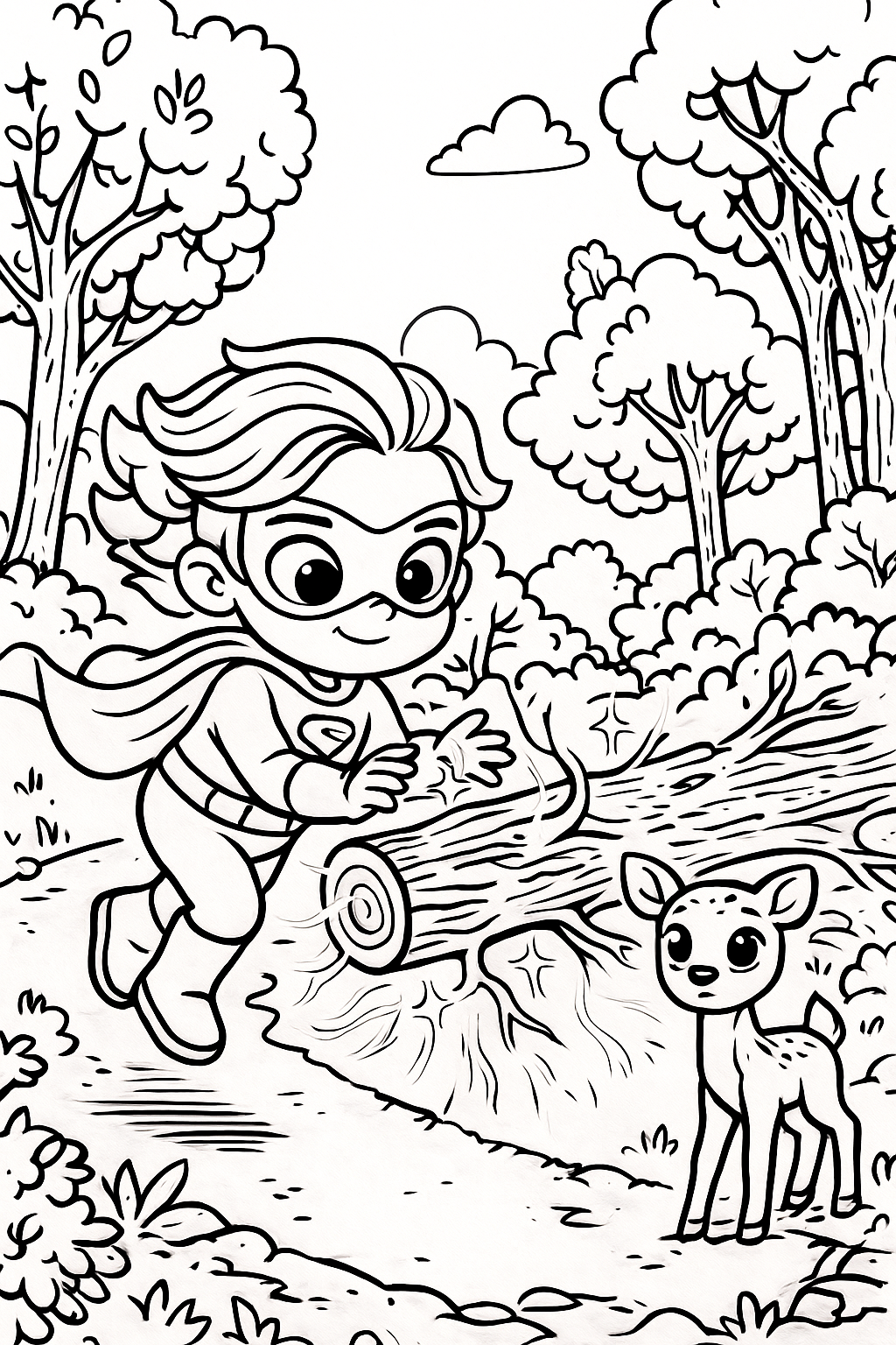 Superhero assisting a deer in the forest coloring page