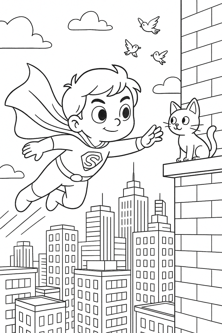 Superhero flying to rescue a cat over a city.