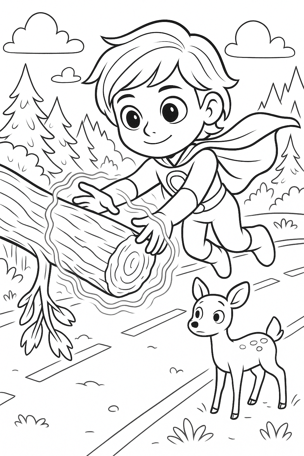Coloring page of a superhero lifting a tree in a forest with a deer
