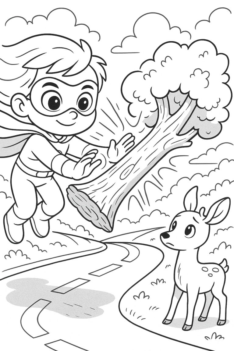 Superhero helping deer with tree obstacle in coloring page