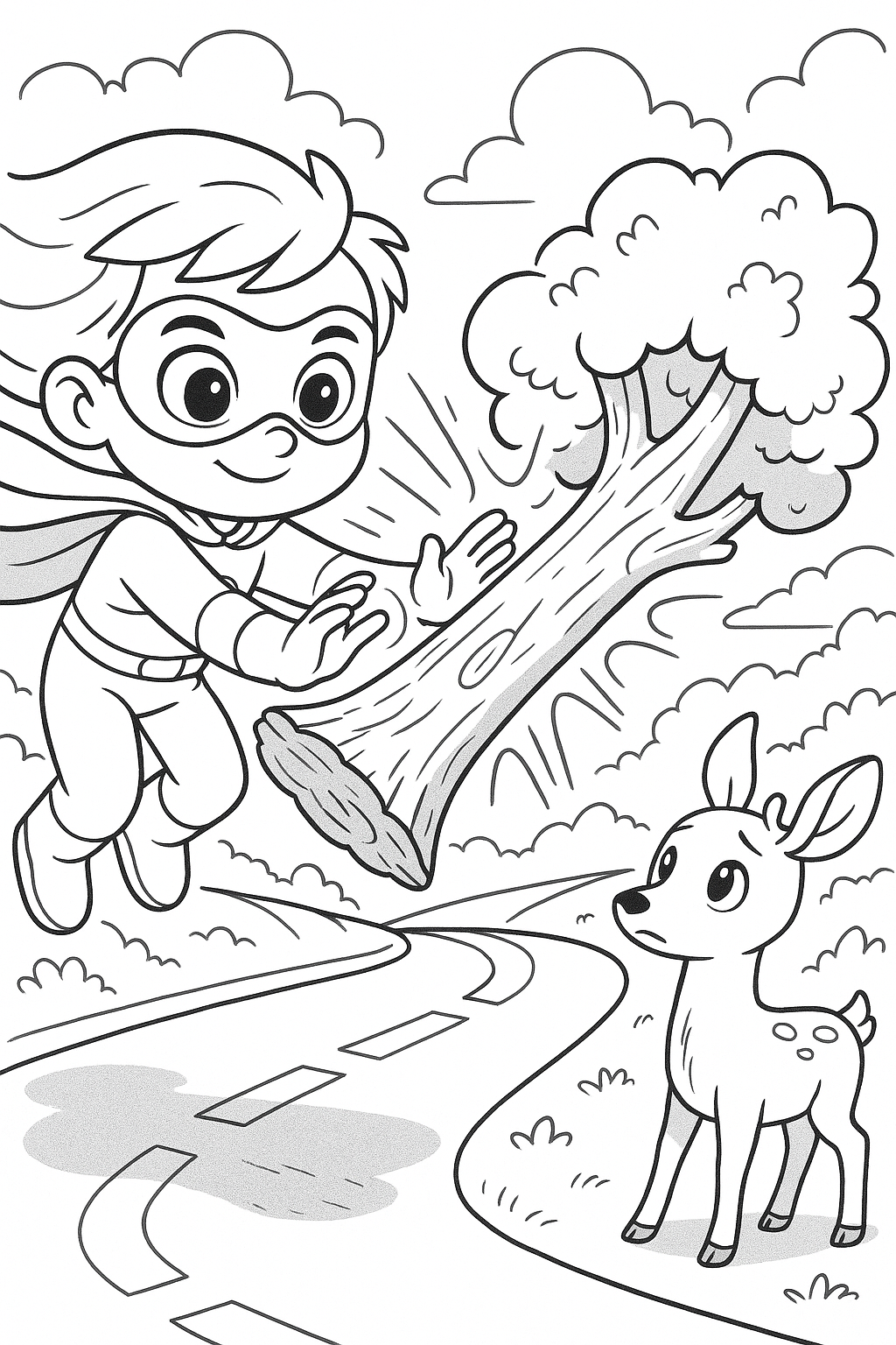Superhero helping deer with tree obstacle in coloring page
