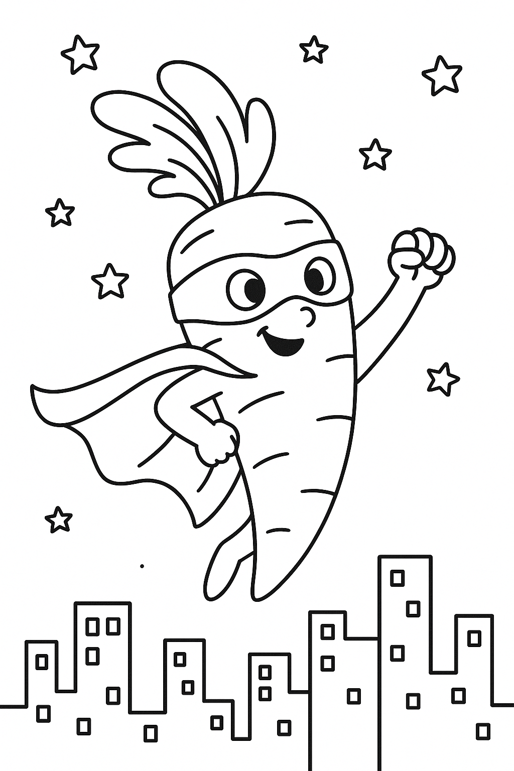 Superhero carrot flying over a city