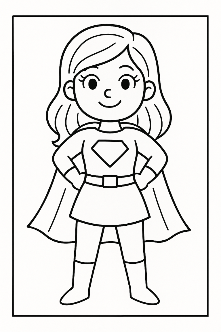 superhero coloring page featuring a young girl in costume