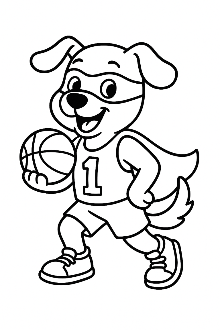 Superhero dog with a basketball coloring page