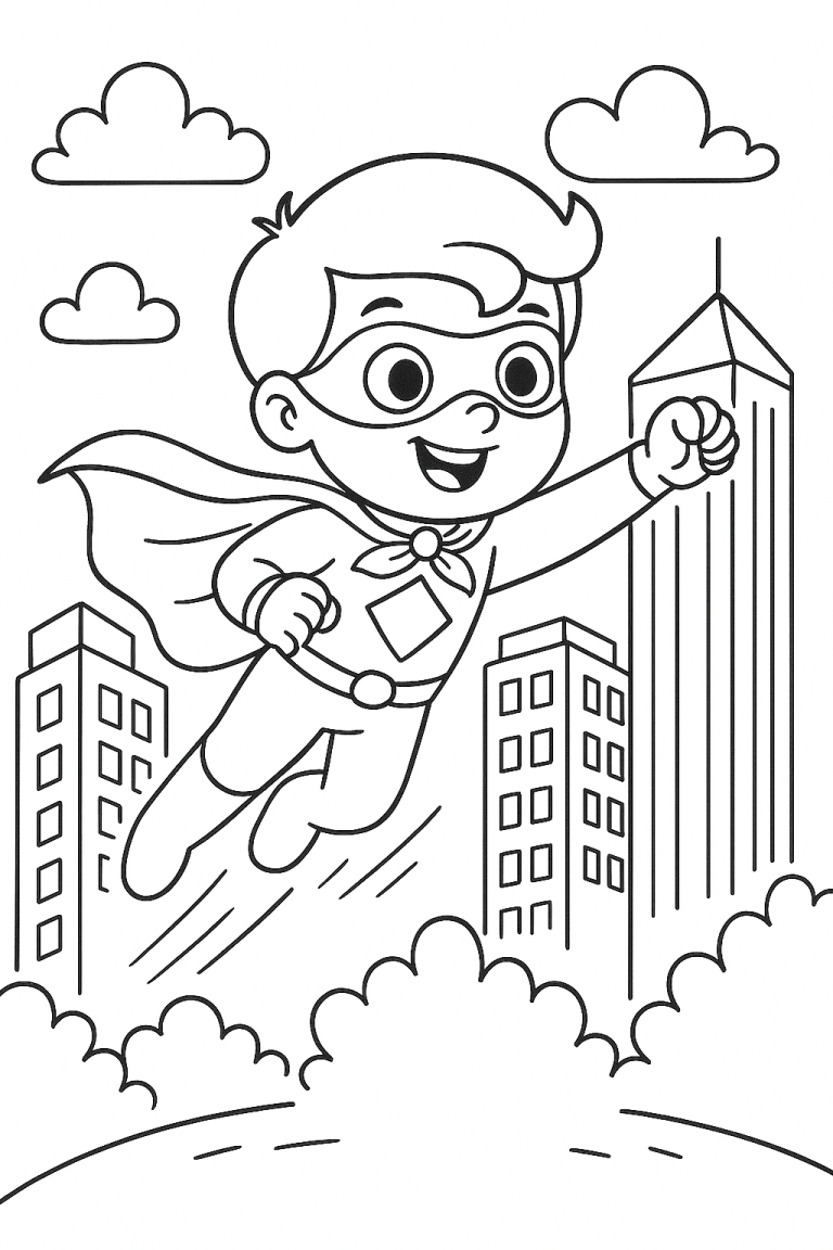 Superhero flying in city coloring page