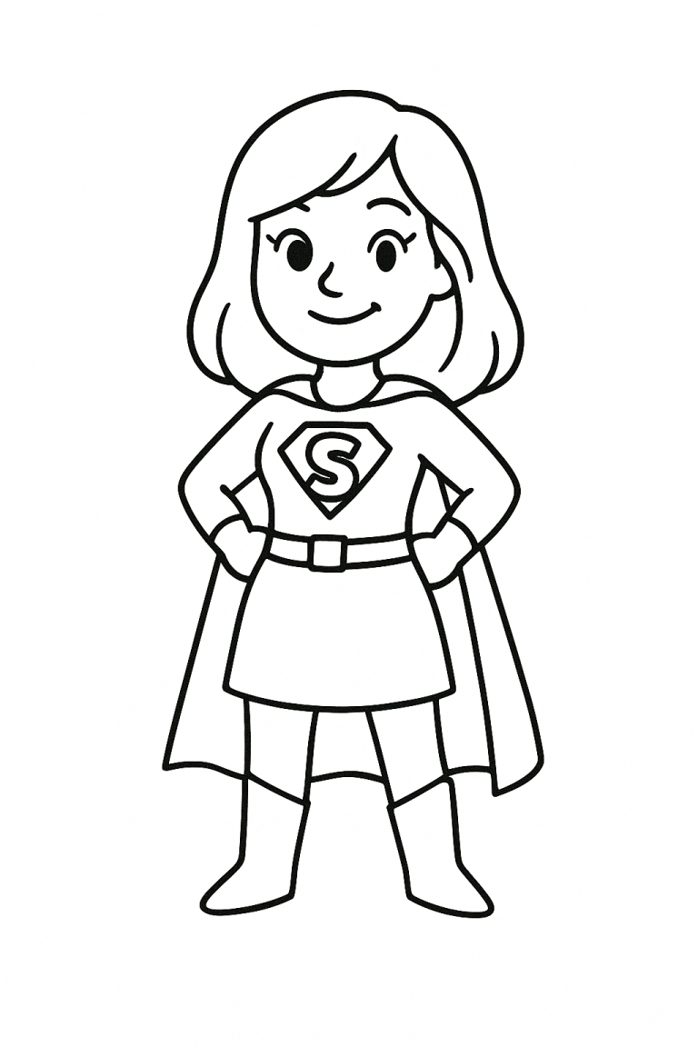 A superhero girl ready to be colored by kids.