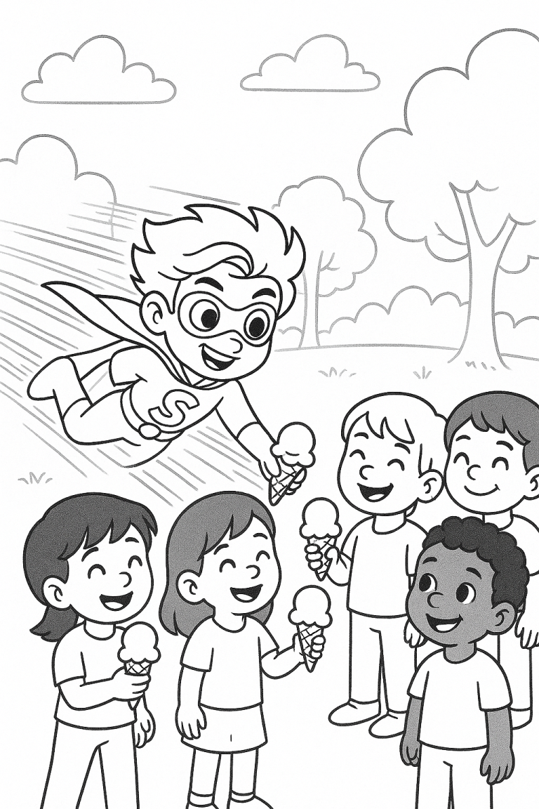 Superhero giving ice cream to happy children