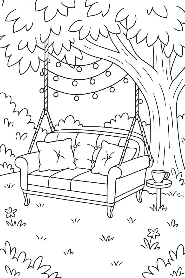 Swinging sofa under a tree with cushions