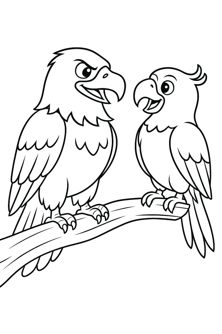 Illustration of two talking birds on a branch for coloring