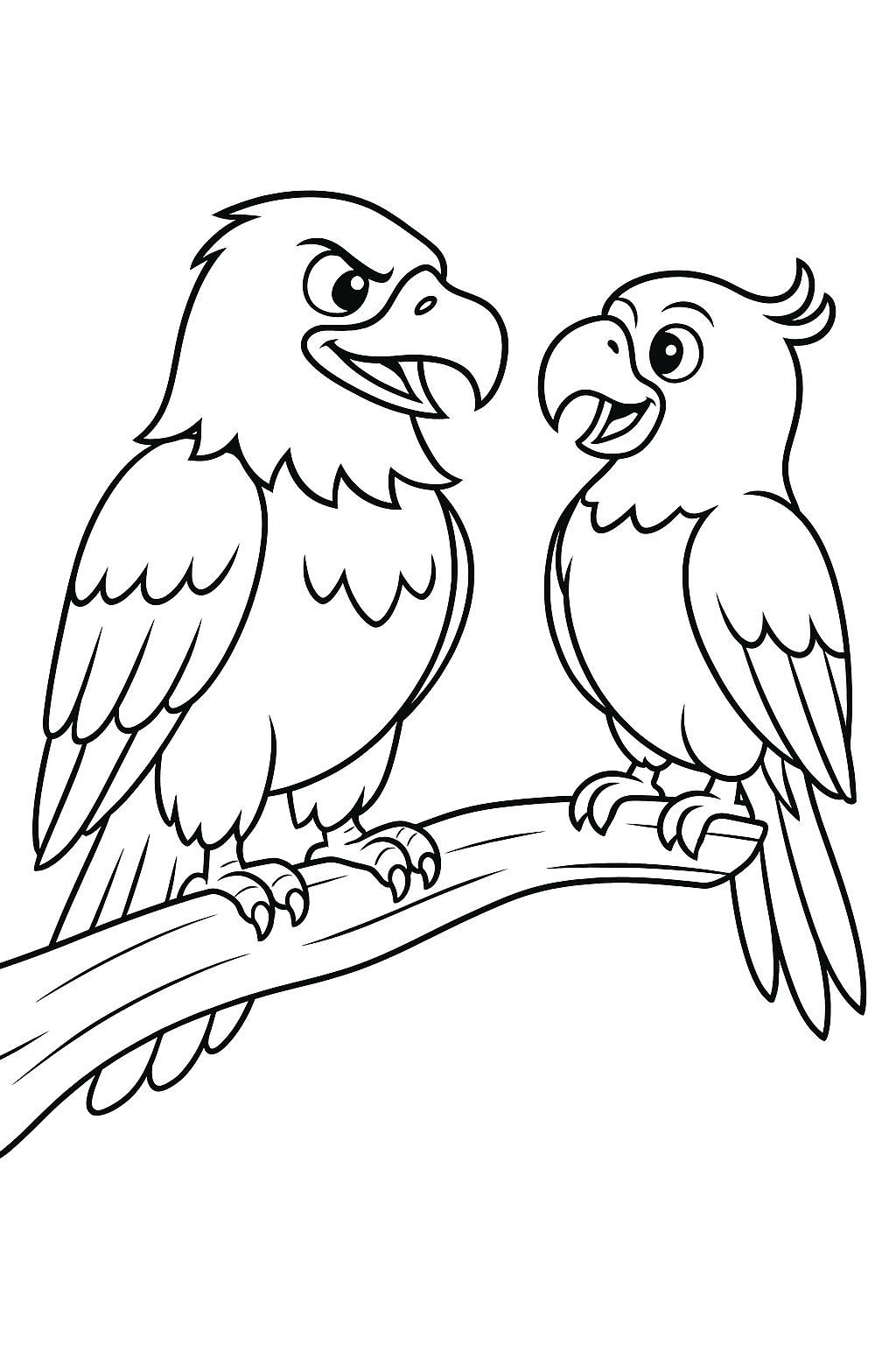 Illustration of two talking birds on a branch for coloring