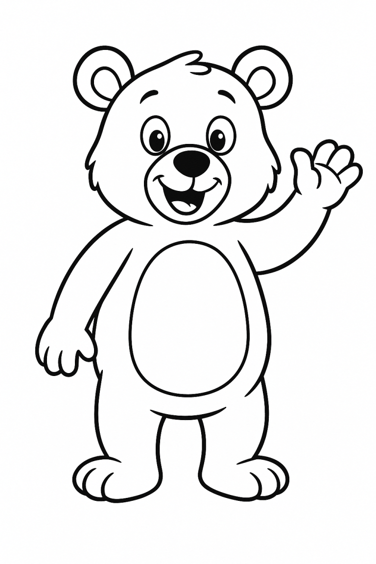 Teddy bear waving in a coloring page.