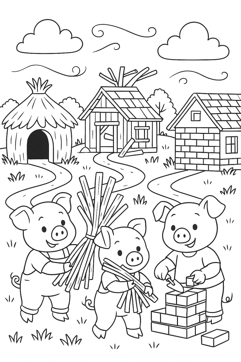 Three Little Pigs coloring page with their houses