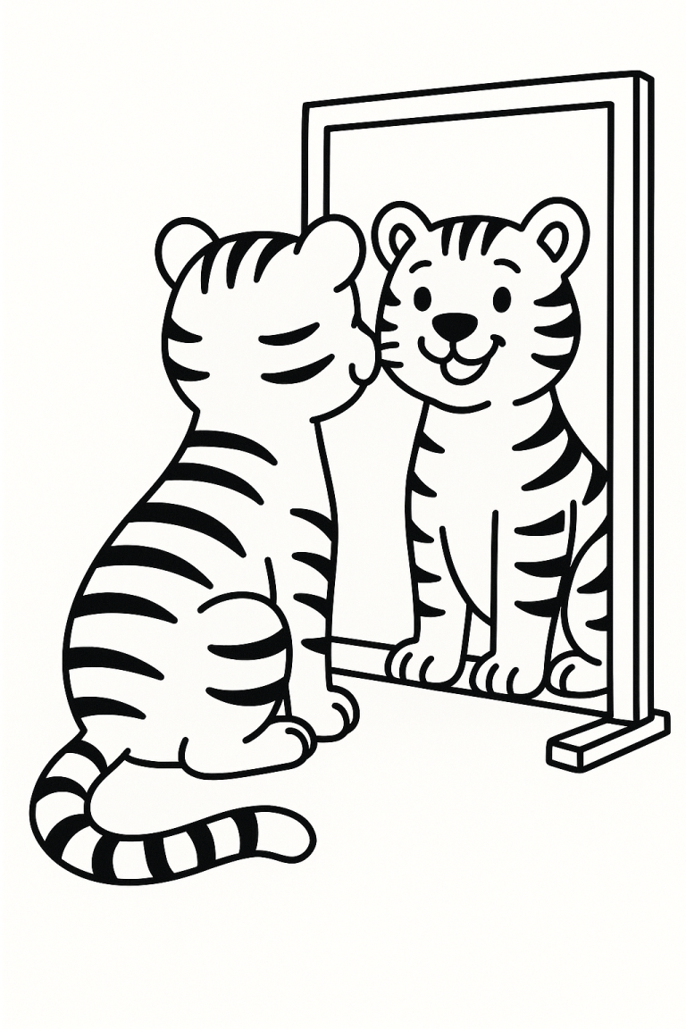 Tiger looking in a mirror coloring page