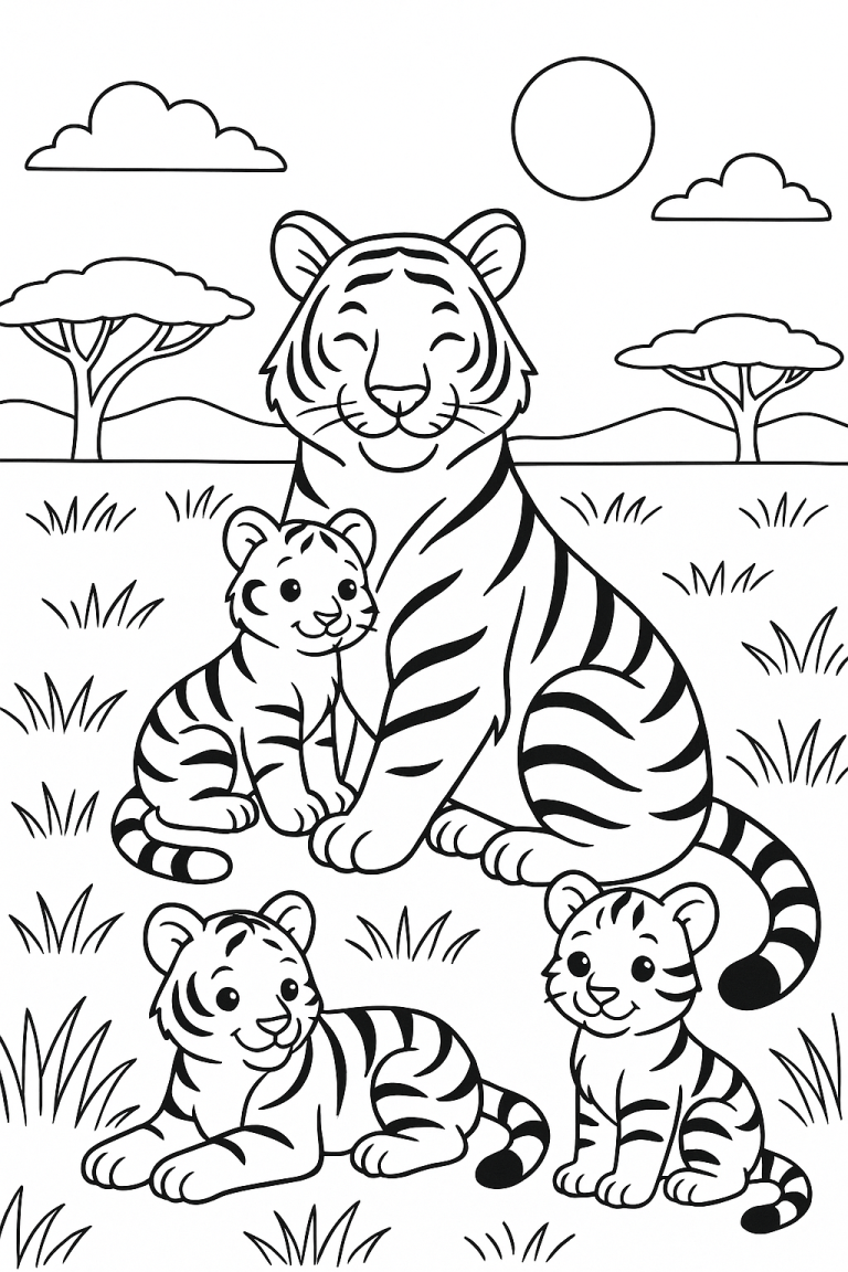 Tiger family with cubs in a landscape