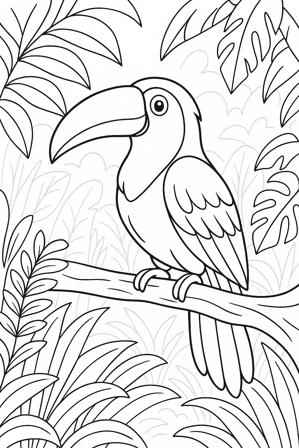Toucan on a branch in a jungle scenery coloring page