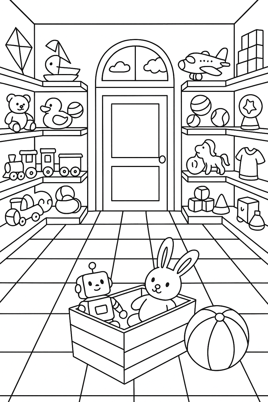 Children's toy room coloring page with toys