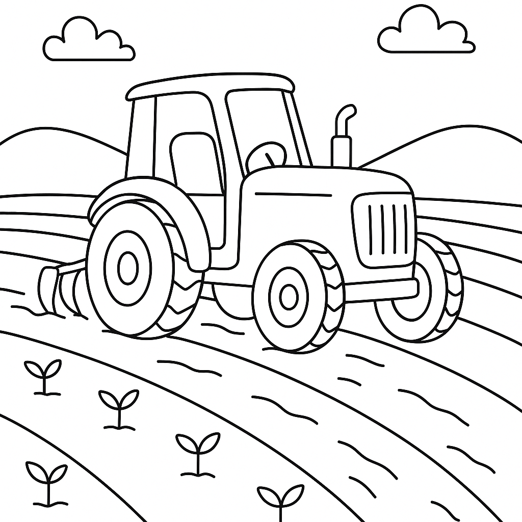 Tractor ploughing a field coloring page