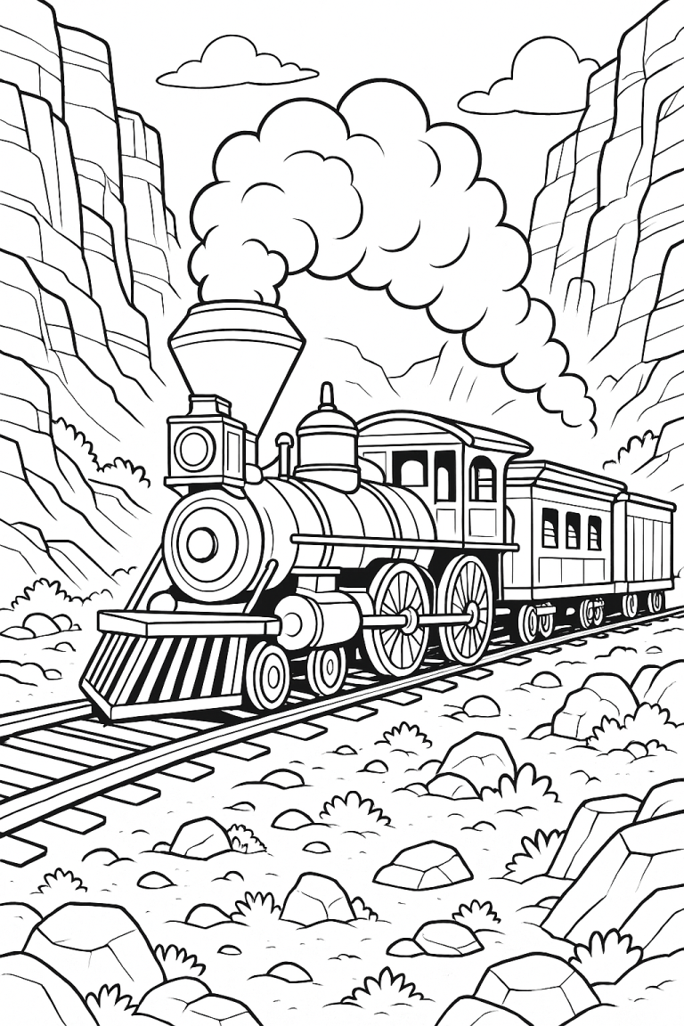 Steam train in a mountainous landscape coloring page