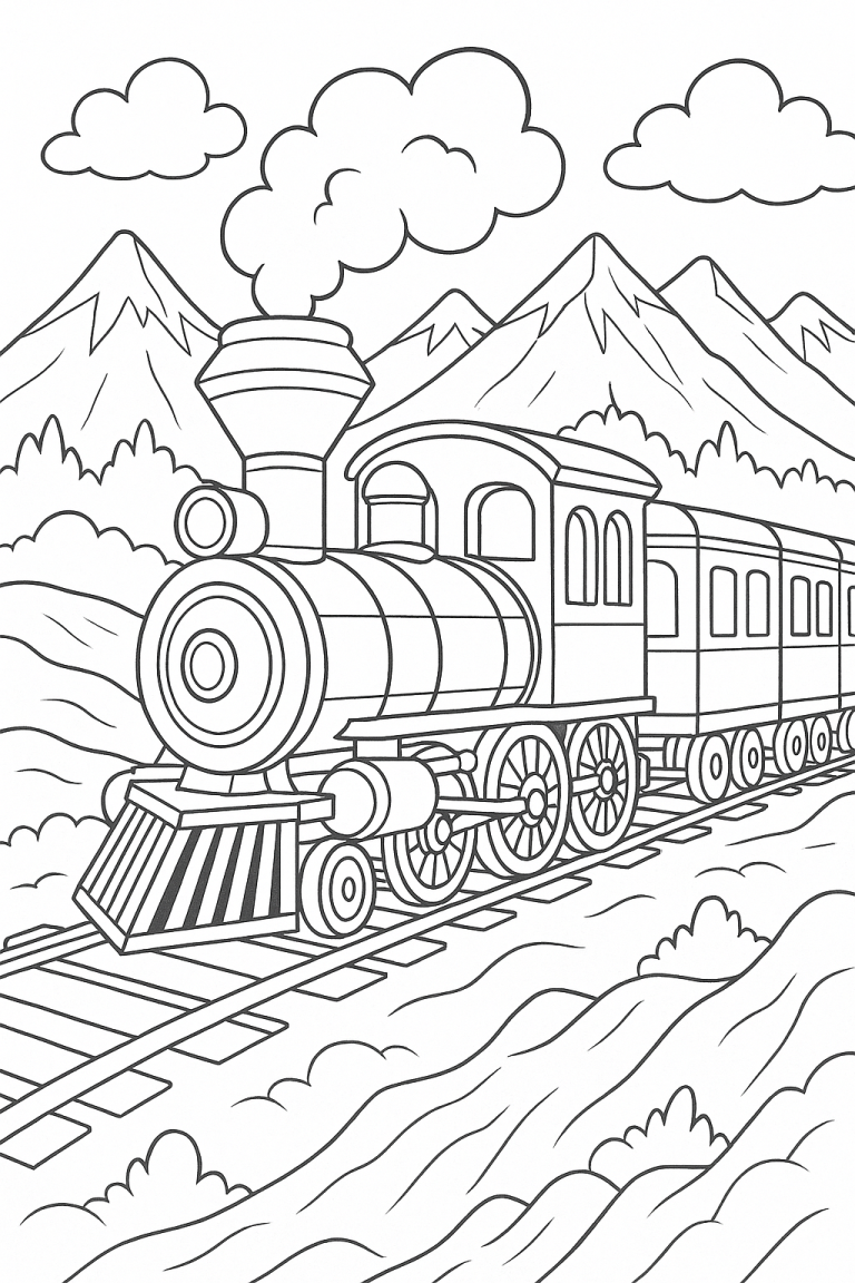 Coloring page of a train on tracks with mountains.