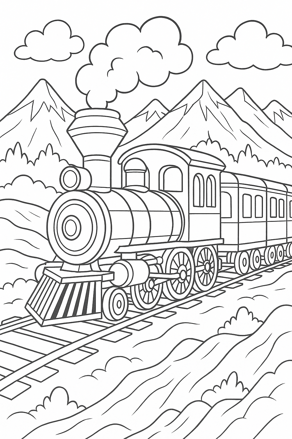 Coloring page of a train on tracks with mountains.