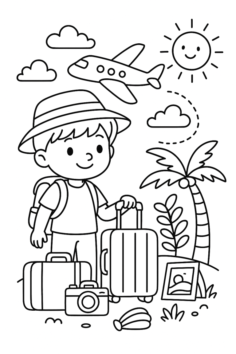 Coloring page of a boy with suitcases, airplane, and sun.