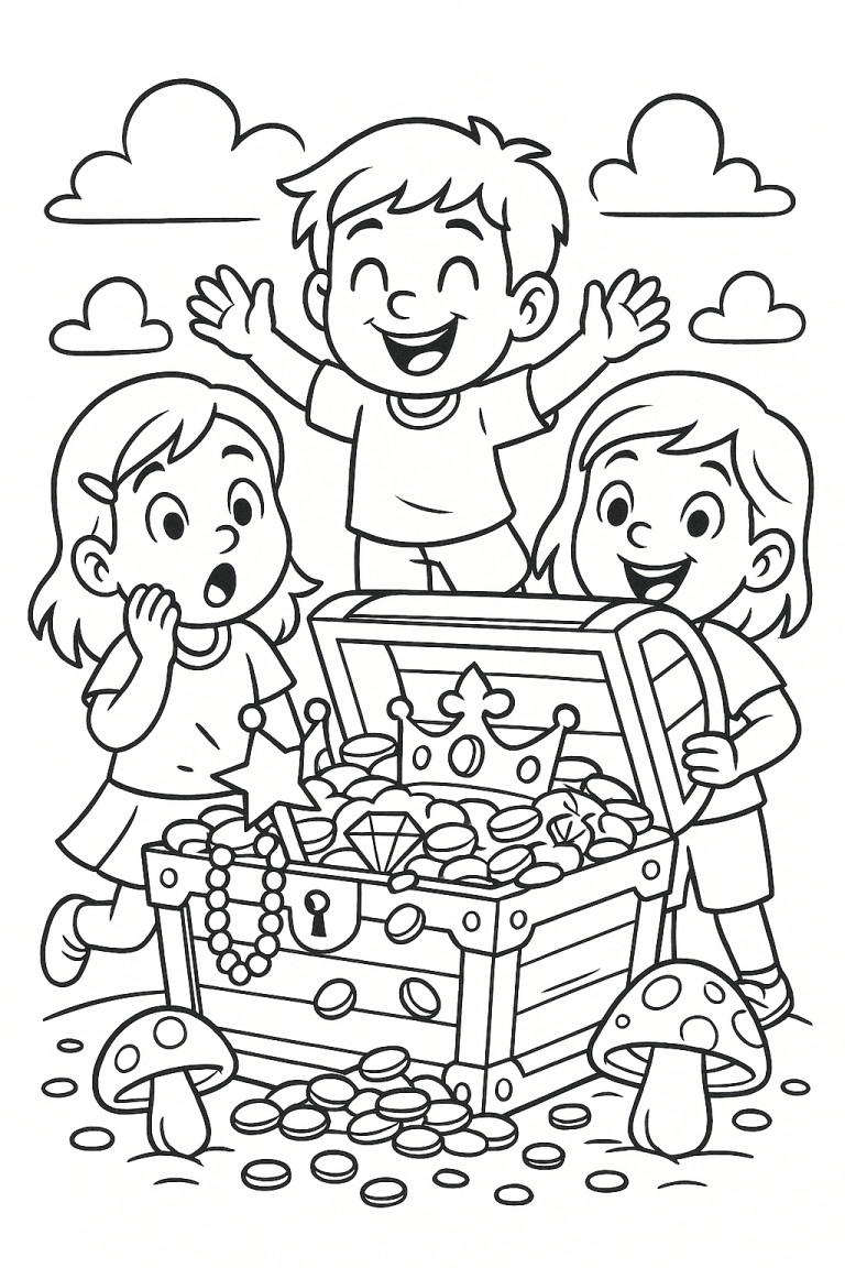 Children discovering a treasure chest coloring page