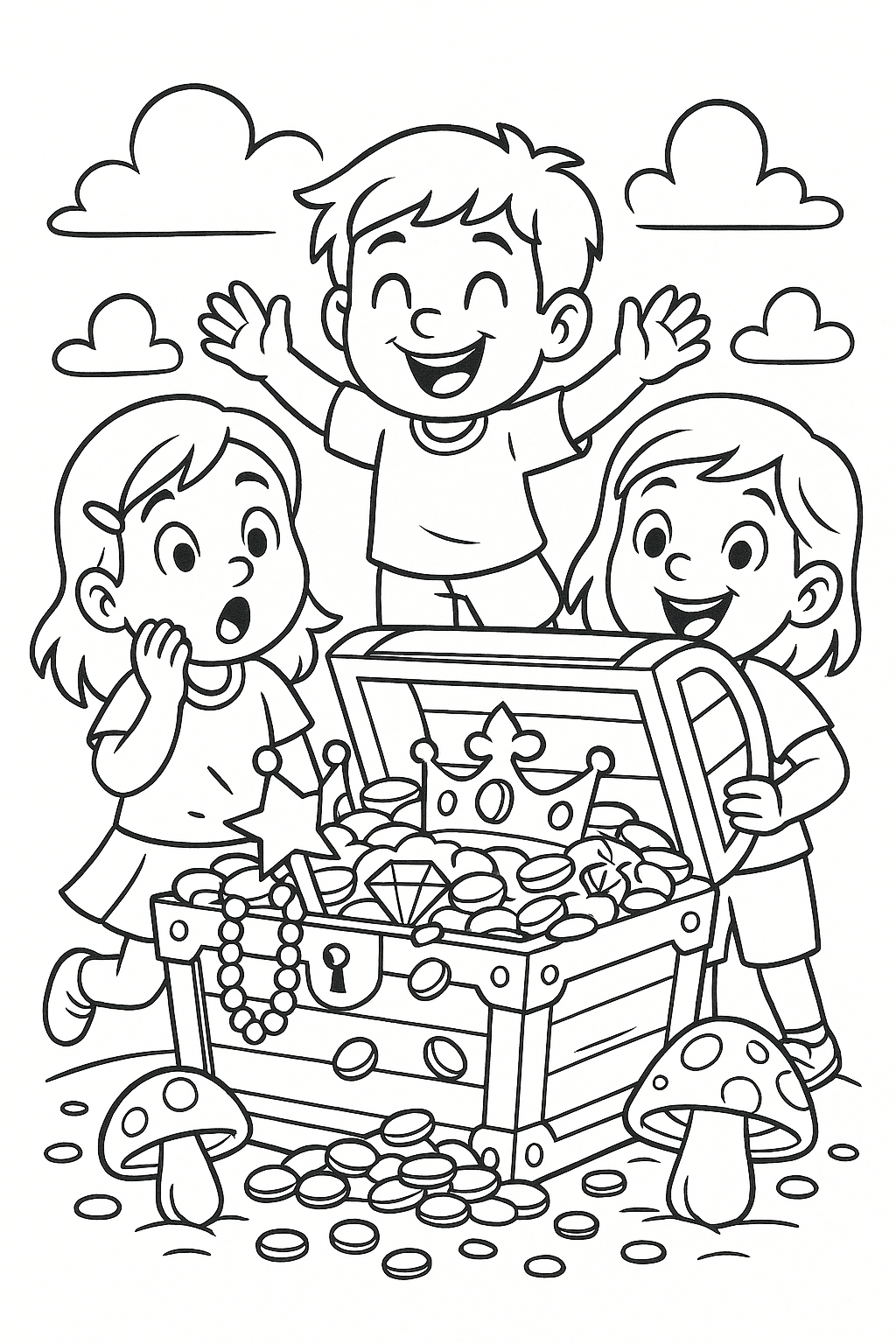 Children discovering a treasure chest coloring page