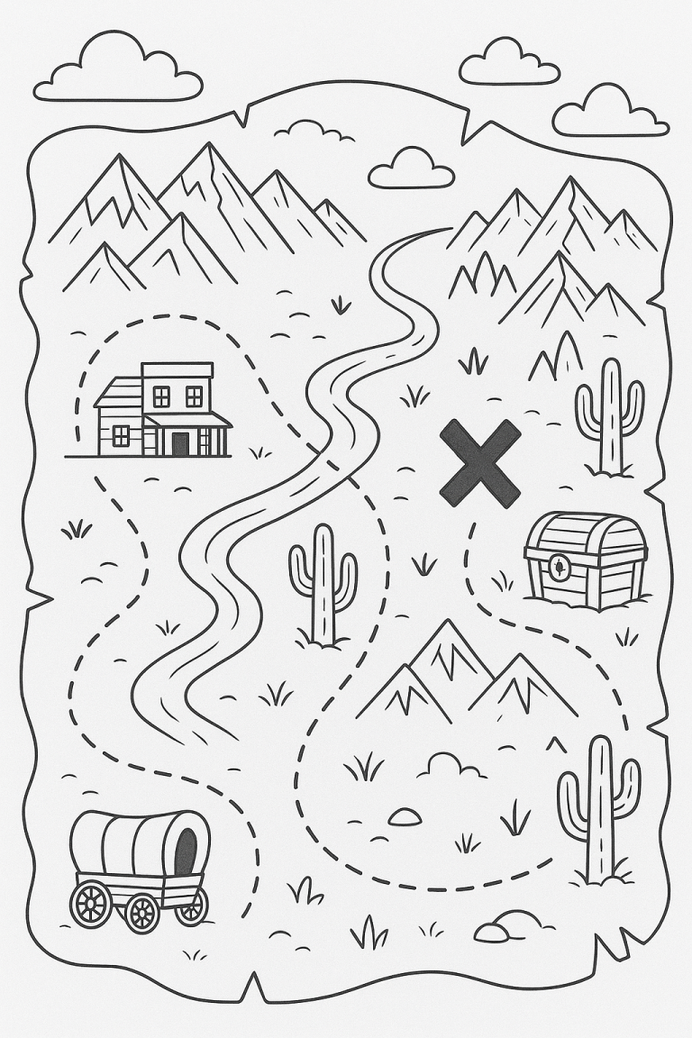 Children's coloring page of a treasure map.