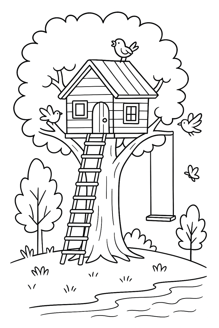 Children's coloring page of a tree house with birds
