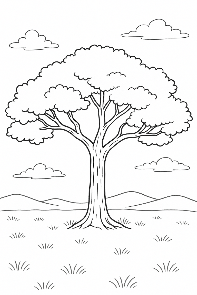 Tree coloring page with a large tree and clouds