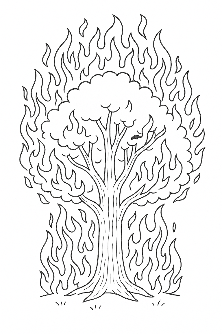 Coloring page of a tree engulfed in flames