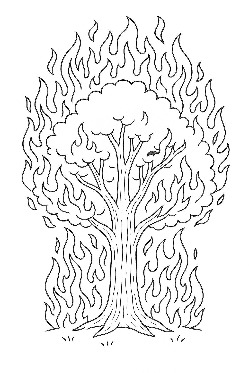 Coloring page of a tree engulfed in flames