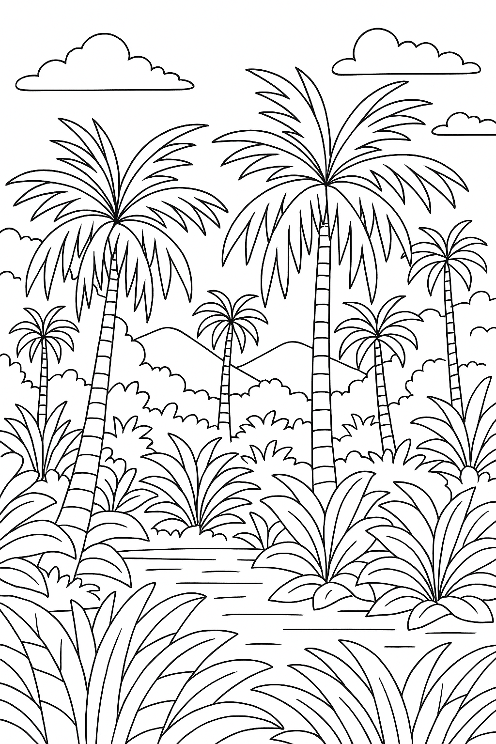 Tropical landscape coloring page with palm trees