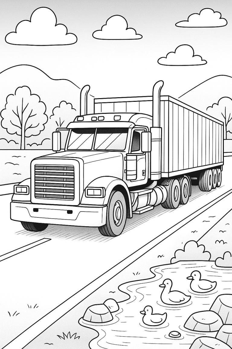 Truck coloring page with a truck on a road and ducks in a pond