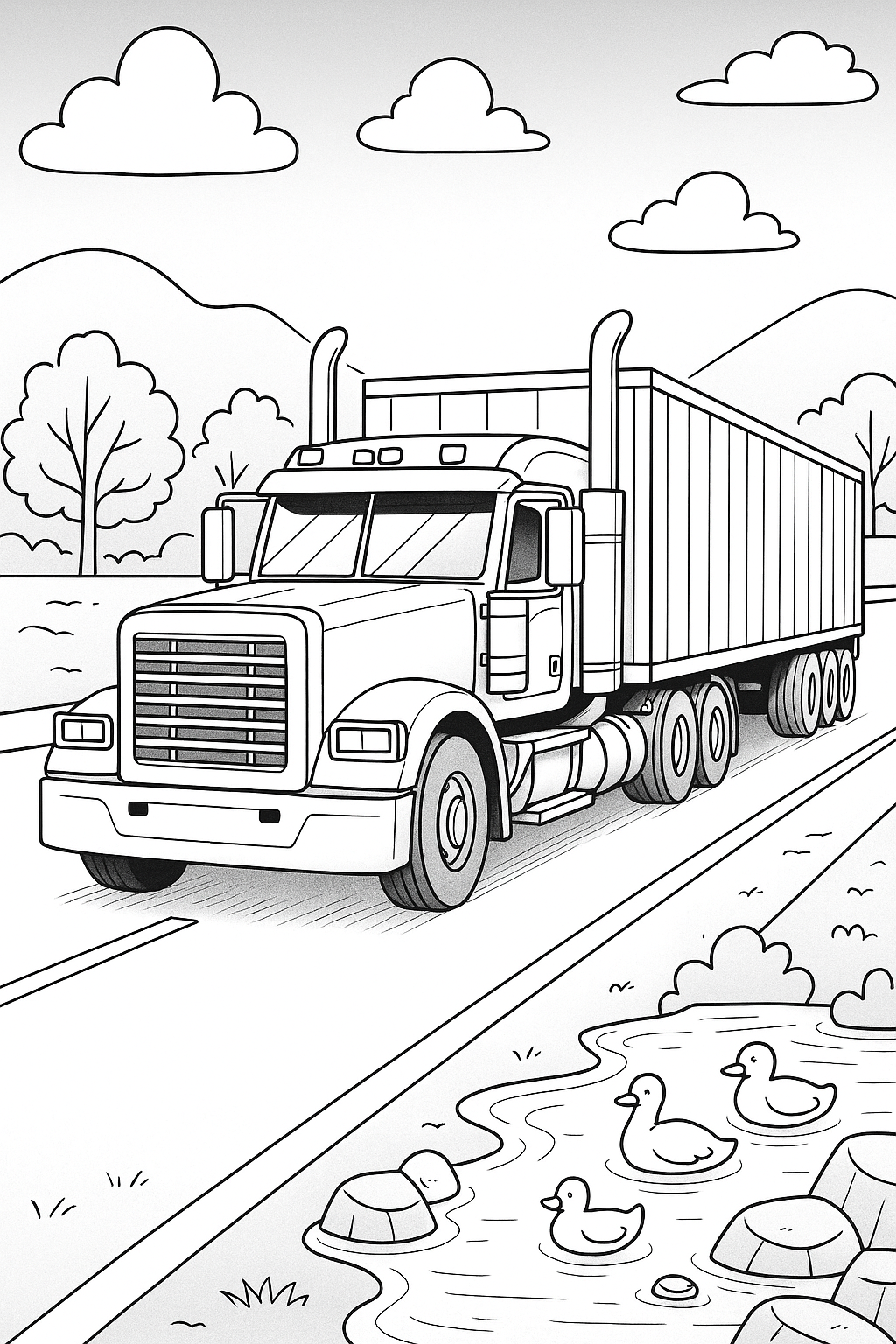 Truck coloring page with a truck on a road and ducks in a pond