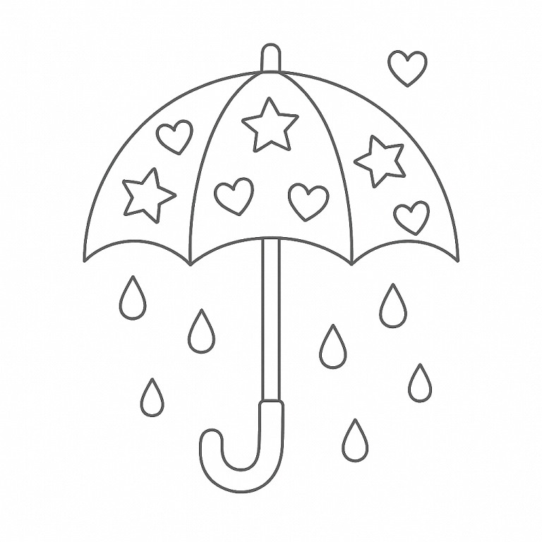 Coloring page with umbrella, stars, and hearts