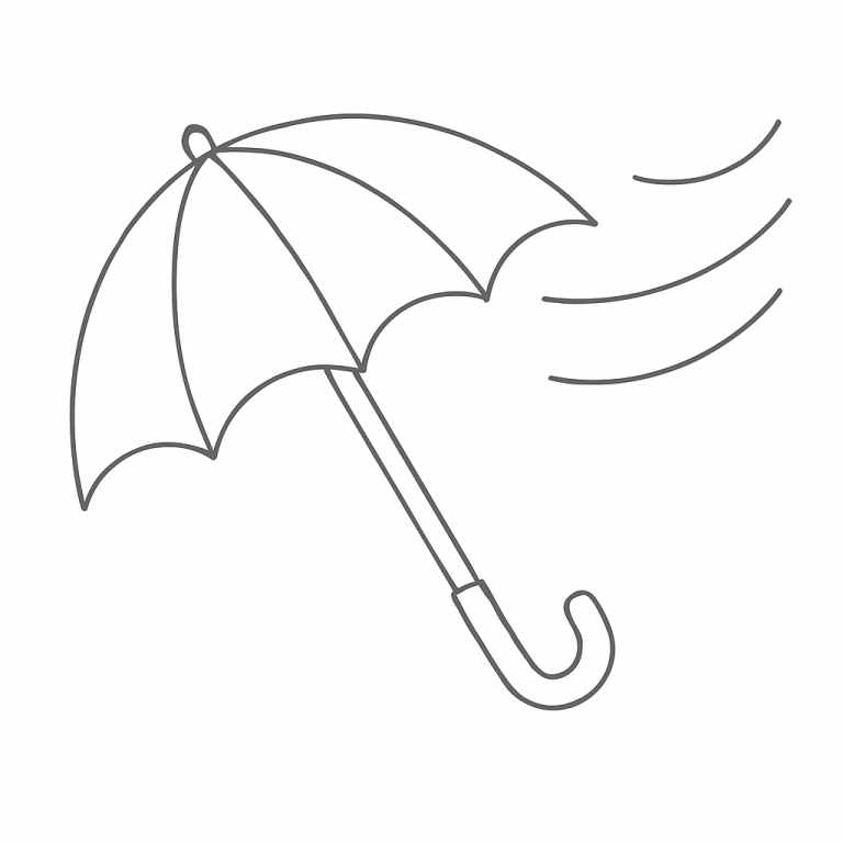 Black and white outline of an umbrella with lines indicating wind.