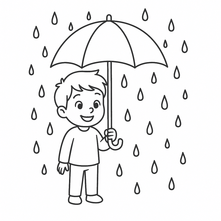 Child holding an umbrella in rain coloring page