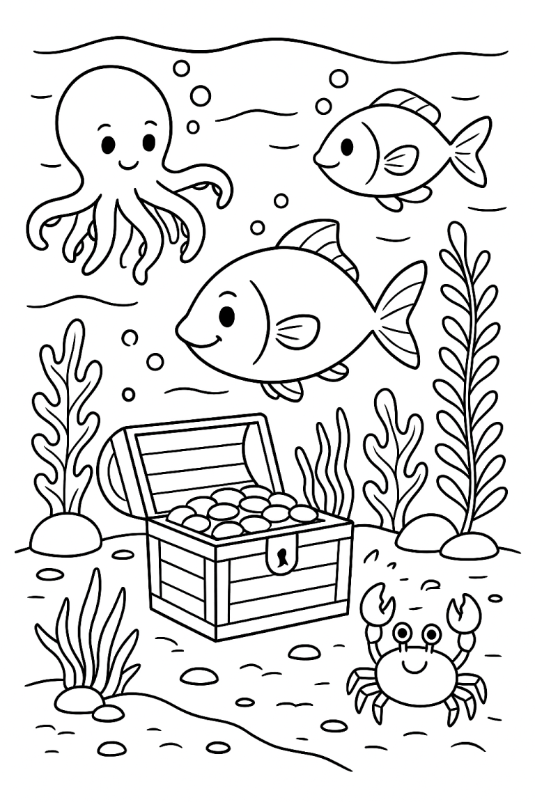 Children's coloring page of an underwater scene with sea creatures and a treasure chest.