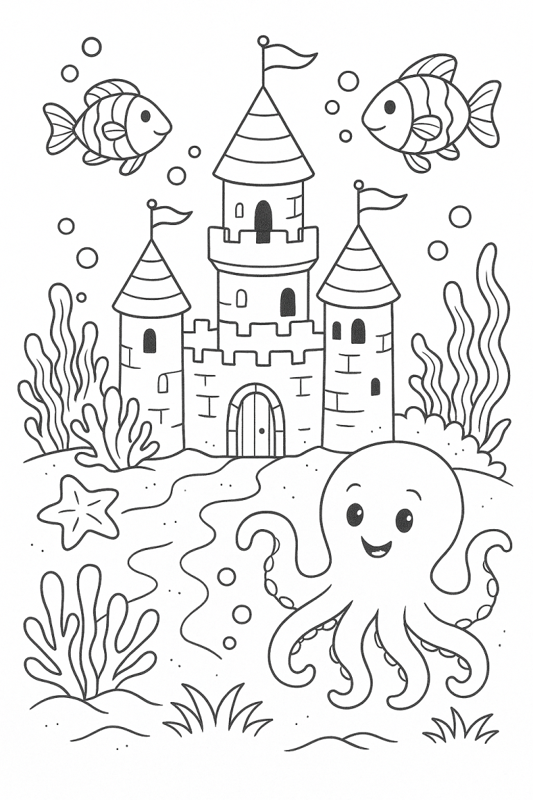 Underwater castle with fish and octopus