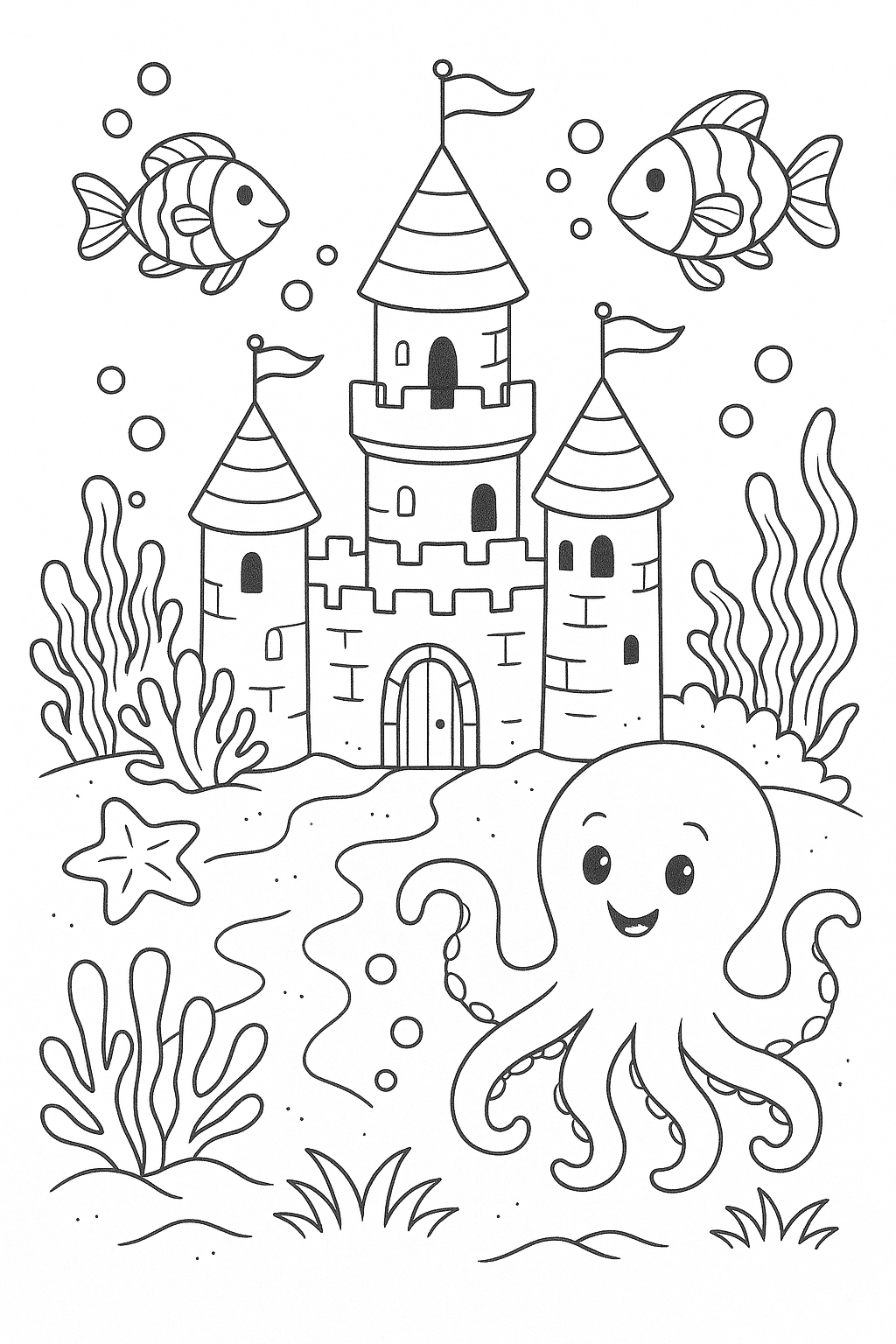 Underwater castle with fish and octopus