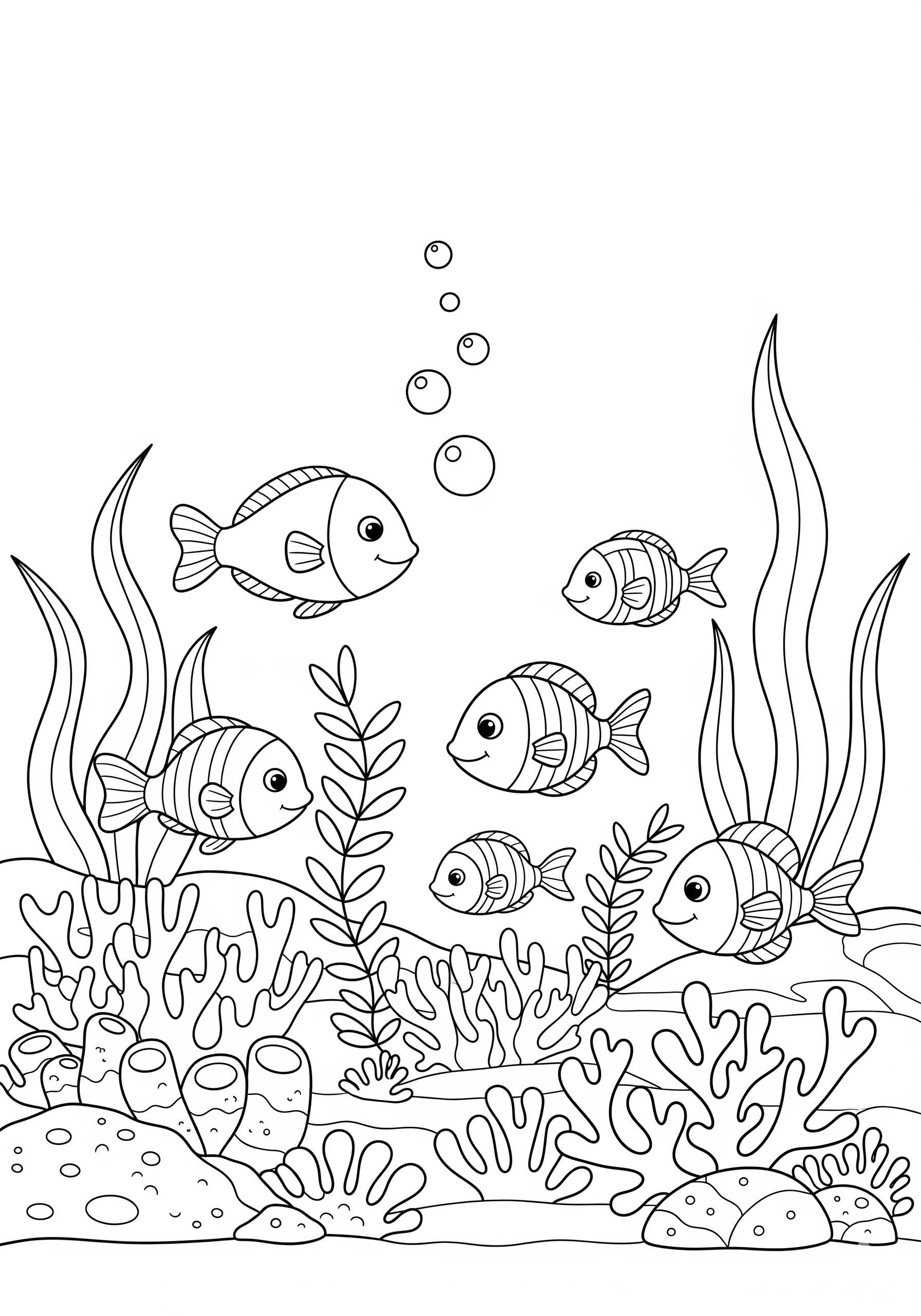 Children's coloring page with fish and coral