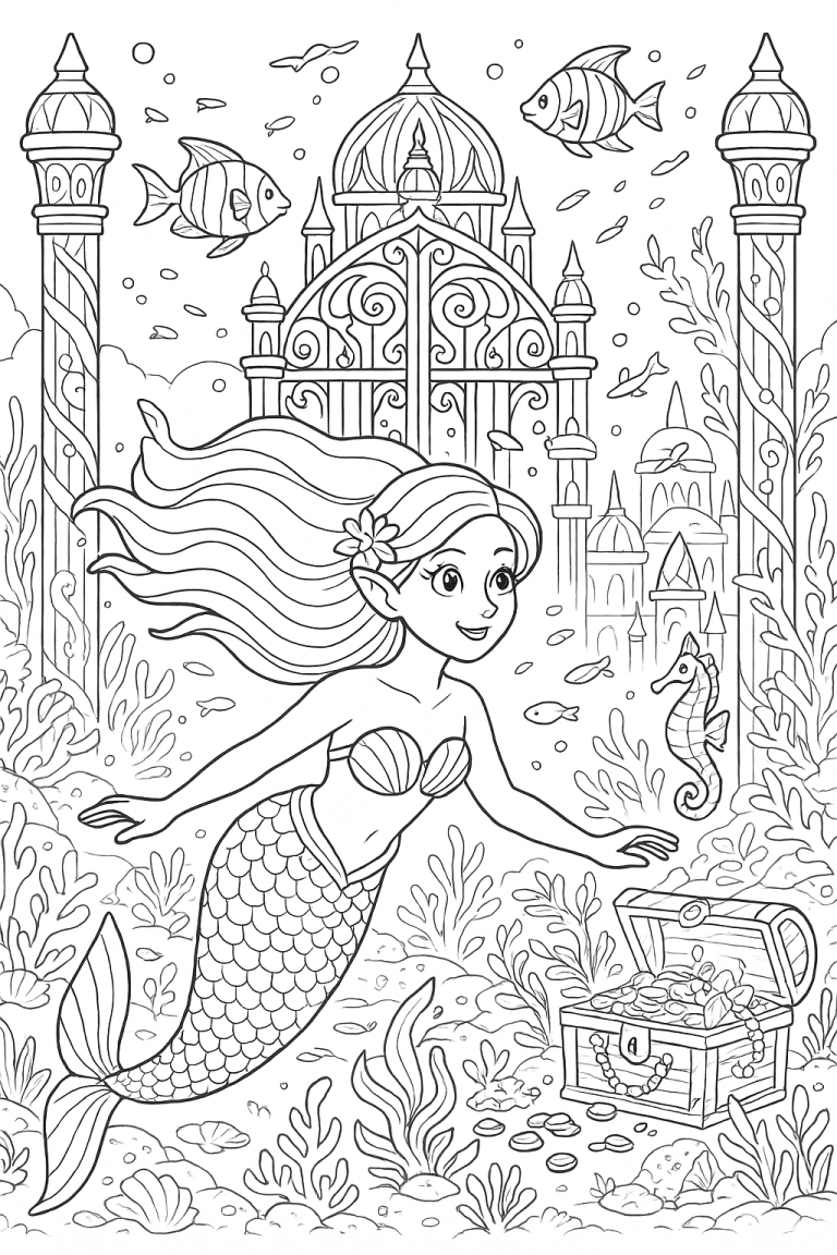 Mermaid swimming with fish, treasure chest, and fantasy palace.
