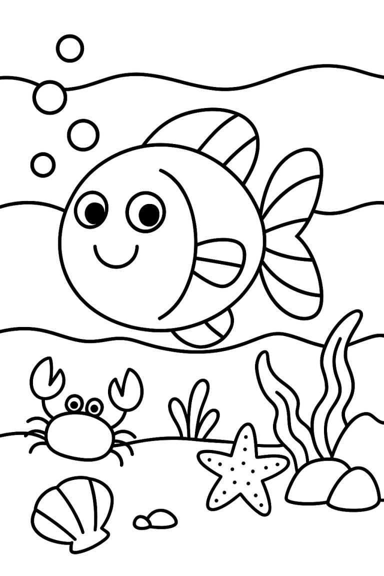 Underwater scene with fish, crab, and starfish coloring page