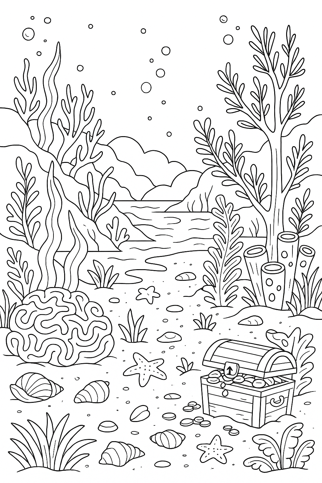 A children's coloring page featuring an underwater treasure scene