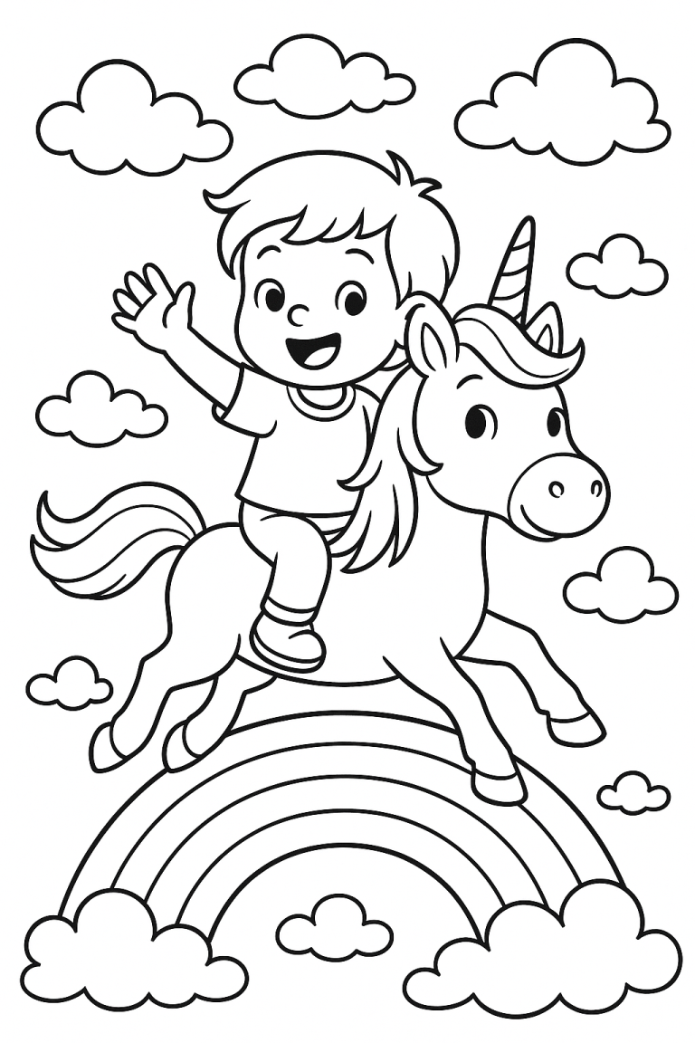 Child riding a unicorn over a rainbow.