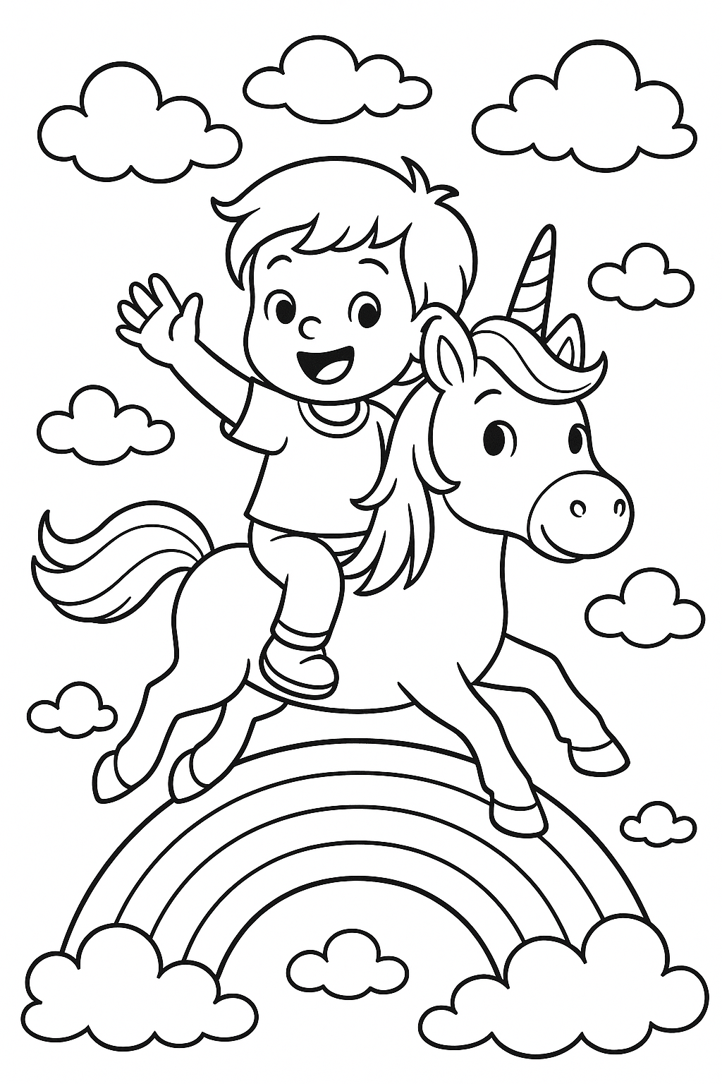 Child riding a unicorn over a rainbow.